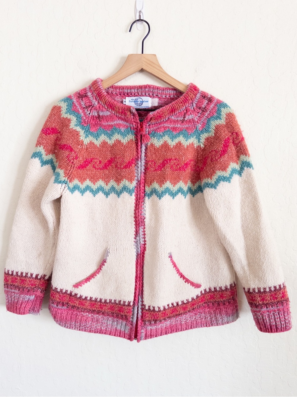 The Sweater Venture Wool Hand Knit Fair Isle Zip Cardigan Medium Pink Colorful